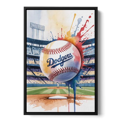 Los Angeles Dodgers Watercolor Baseball Action Art - Black Frame Canvas