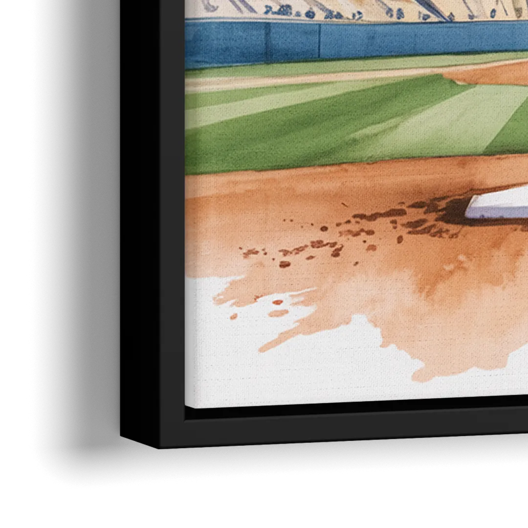 Los Angeles Dodgers Watercolor Baseball Action Art - Close-Up Black Frame Canvas