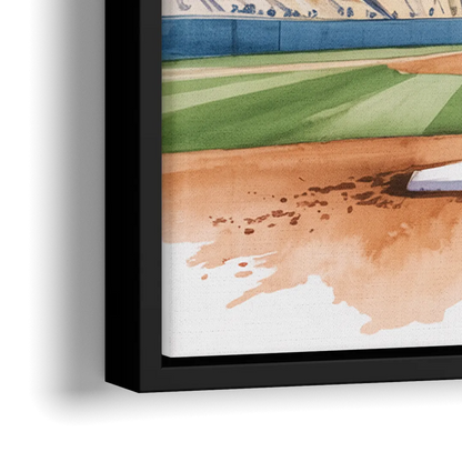 Los Angeles Dodgers Watercolor Baseball Action Art - Close-Up Black Frame Canvas