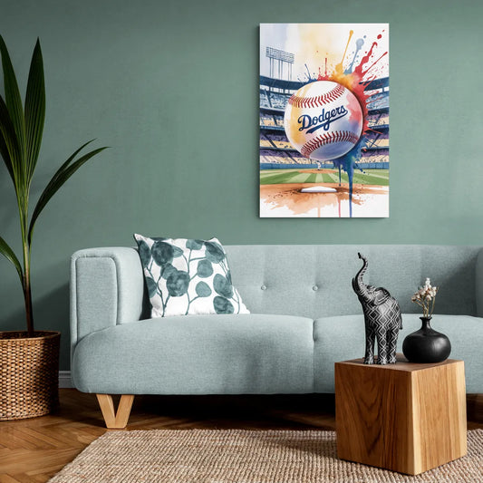 Los Angeles Dodgers Watercolor Baseball Action Art - Canvas Wall Art Living Room