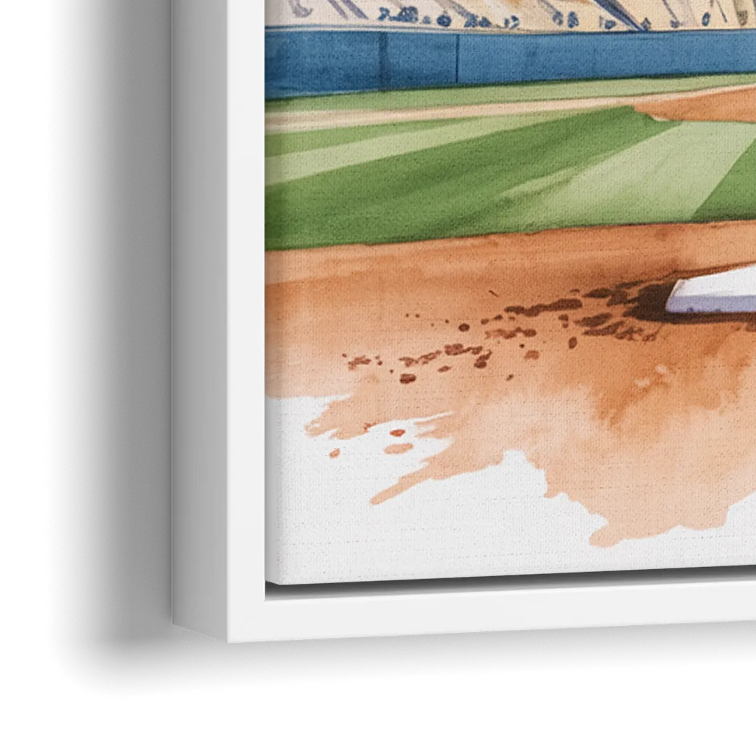 Los Angeles Dodgers Watercolor Baseball Action Art - Close-Up White Frame Canvas