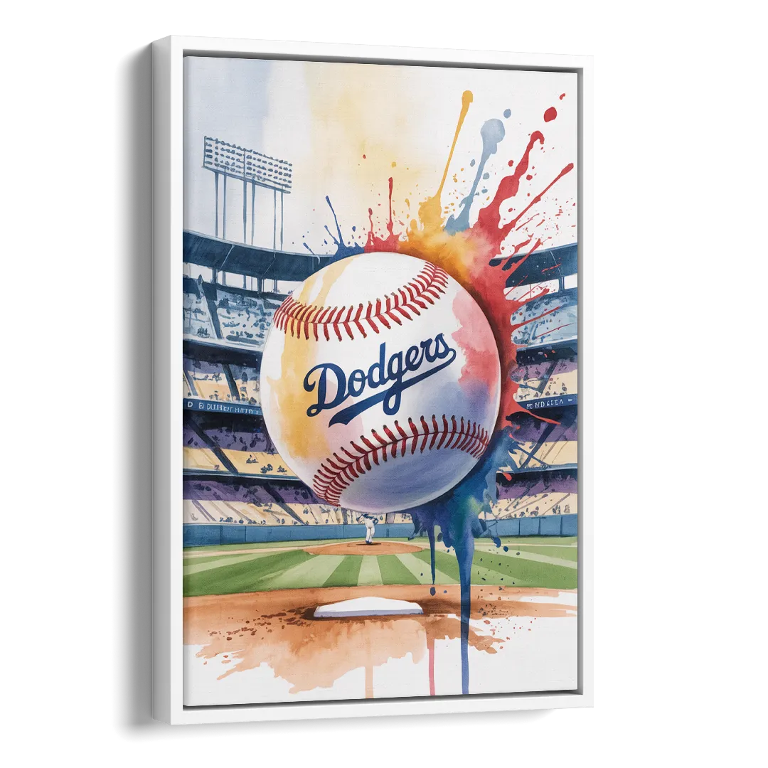Los Angeles Dodgers Watercolor Baseball Action Art Side - White Canvas Wall Art