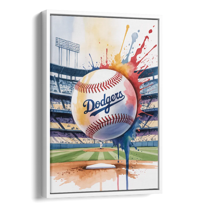 Los Angeles Dodgers Watercolor Baseball Action Art Side - White Canvas Wall Art