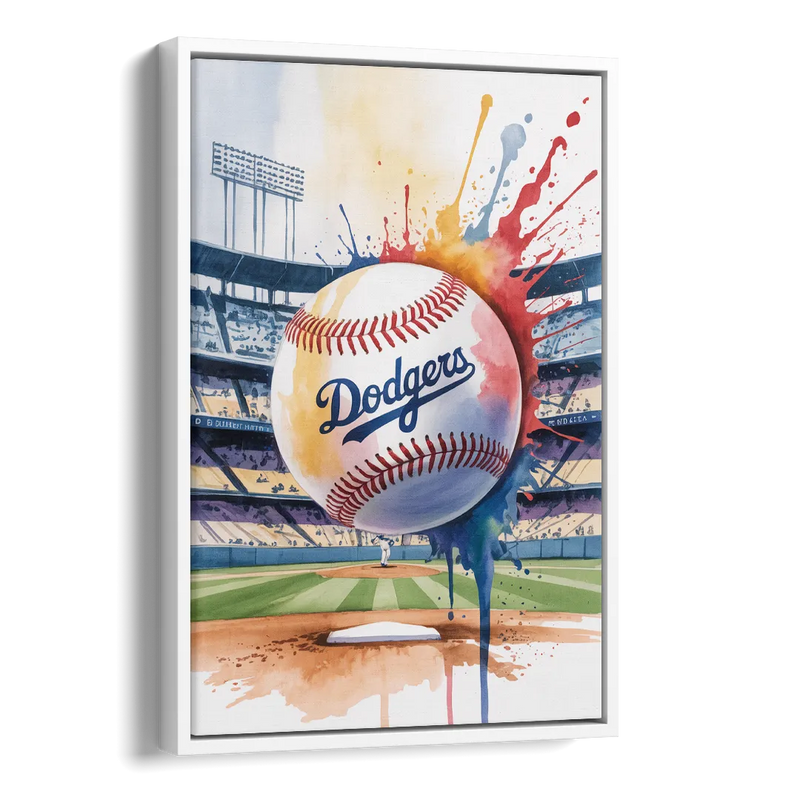 Los Angeles Dodgers Watercolor Baseball Action Art Side - White Canvas Wall Art