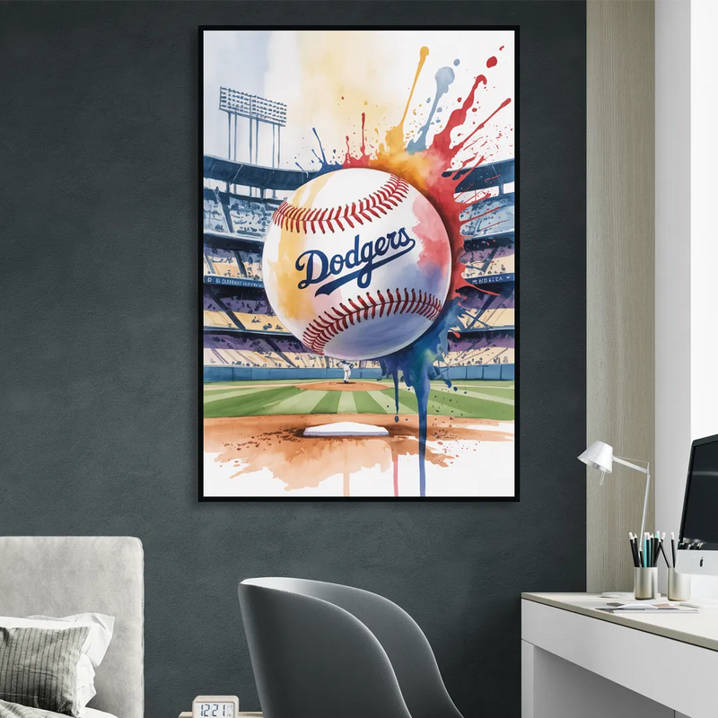 Los Angeles Dodgers Watercolor Baseball Action Art Sitting Room - Black Canvas Wall Art