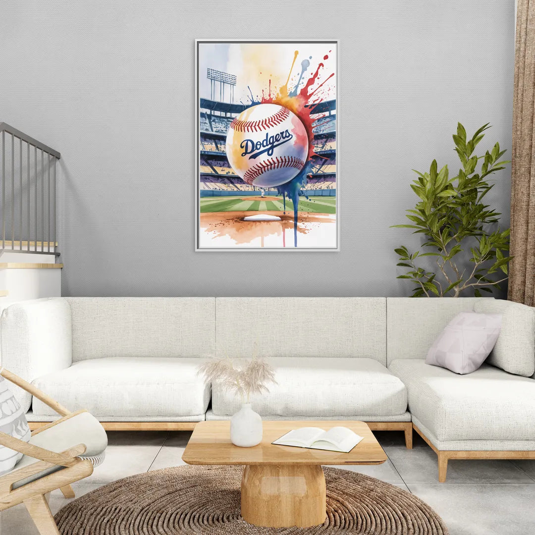 Los Angeles Dodgers Watercolor Baseball Action Art - Living Room White Frame Canvas