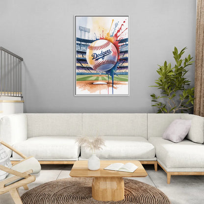 Los Angeles Dodgers Watercolor Baseball Action Art - Living Room White Frame Canvas
