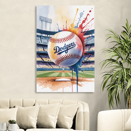 Los Angeles Dodgers Watercolor Baseball Action Art Living Room - Canvas Wall Art