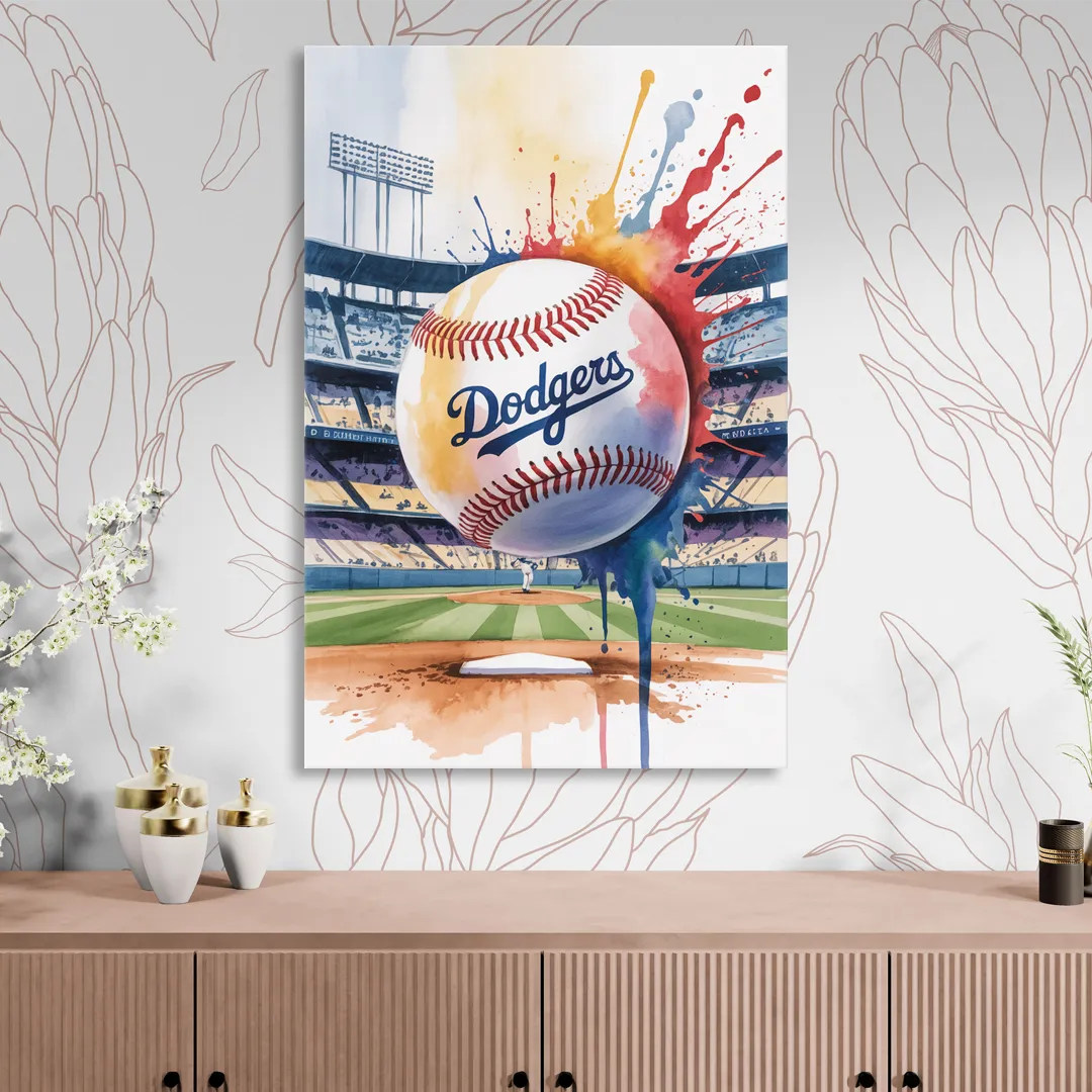 Los Angeles Dodgers Watercolor Baseball Action Art Sitting Room - Canvas Wall Art