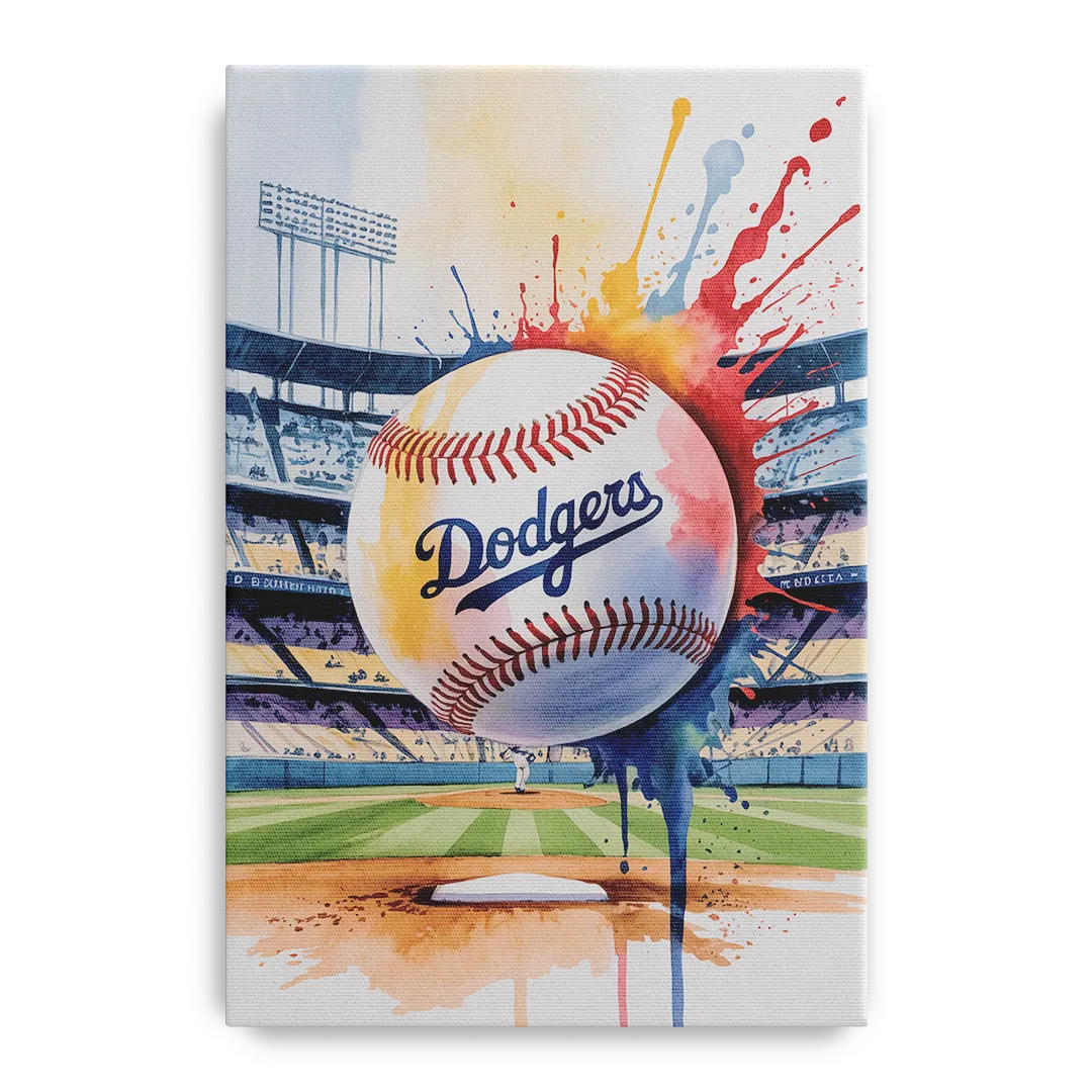 Los Angeles Dodgers Watercolor Baseball Action Art Front - Canvas Wall Art