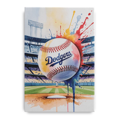 Los Angeles Dodgers Watercolor Baseball Action Art Front - Canvas Wall Art