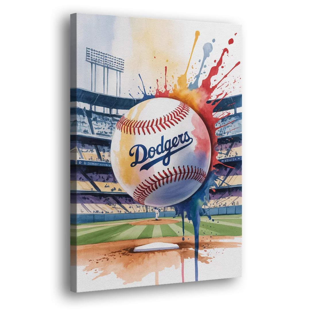 Los Angeles Dodgers Watercolor Baseball Action Art Side - Canvas Wall Art