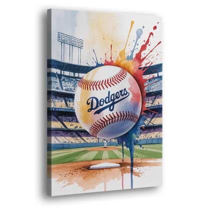Los Angeles Dodgers Watercolor Baseball Action Art Side - Canvas Wall Art