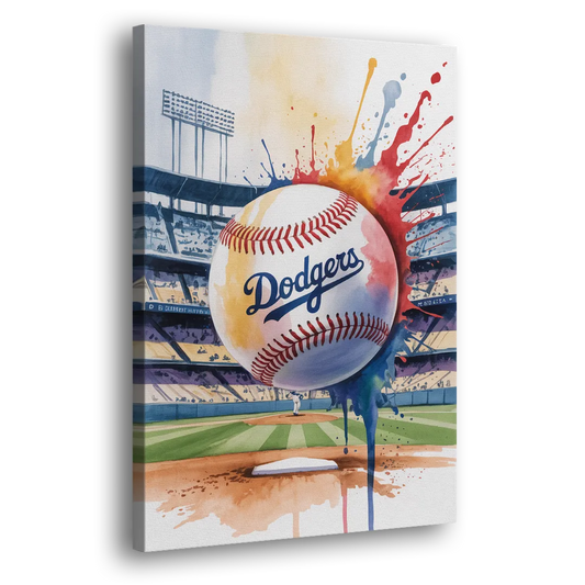 Los Angeles Dodgers Watercolor Baseball Action Art Side - Canvas Wall Art