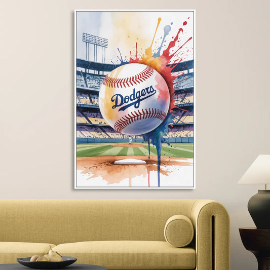 Los Angeles Dodgers Watercolor Baseball Action Art Living Room - White Canvas Wall Art