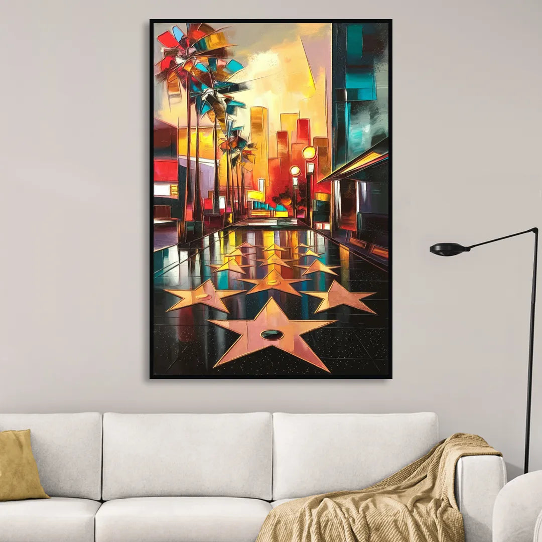 Los Angeles Hollywood Walk of Fame Iconic Living Room - Black Canvas Wall Art