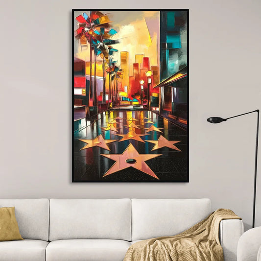 Los Angeles Hollywood Walk of Fame Iconic Living Room - Black Canvas Wall Art