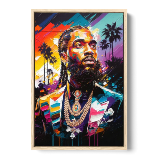 Los Angeles Nipsey Hussle Tribute - Oak Framed Canvas Wall Art - Front
