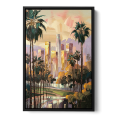 Los Angeles Palm Trees and Skyscrapers - Black Framed Canvas Wall Art - Front