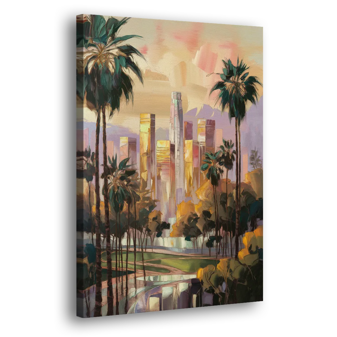 Los Angeles Palm Trees and Skyscrapers Side - Canvas Wall Art