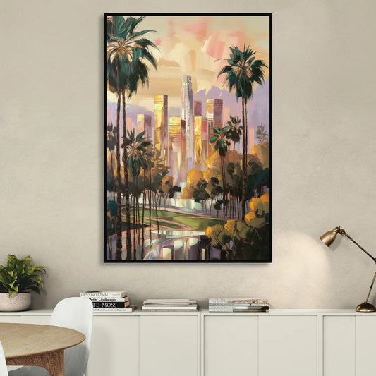 Los Angeles Palm Trees and Skyscrapers Living Room - Black Canvas Wall Art