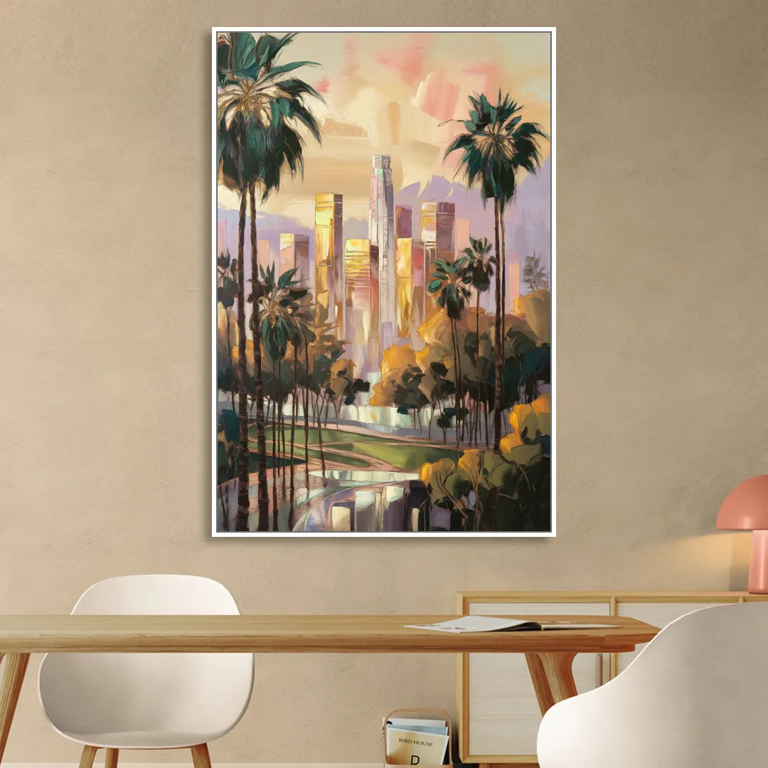 Los Angeles Palm Trees and Skyscrapers Sitting Room - White Canvas Wall Art