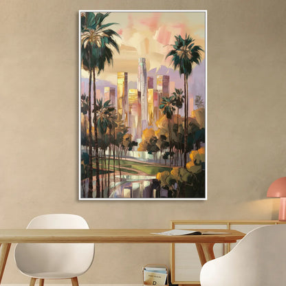 Los Angeles Palm Trees and Skyscrapers Sitting Room - White Canvas Wall Art