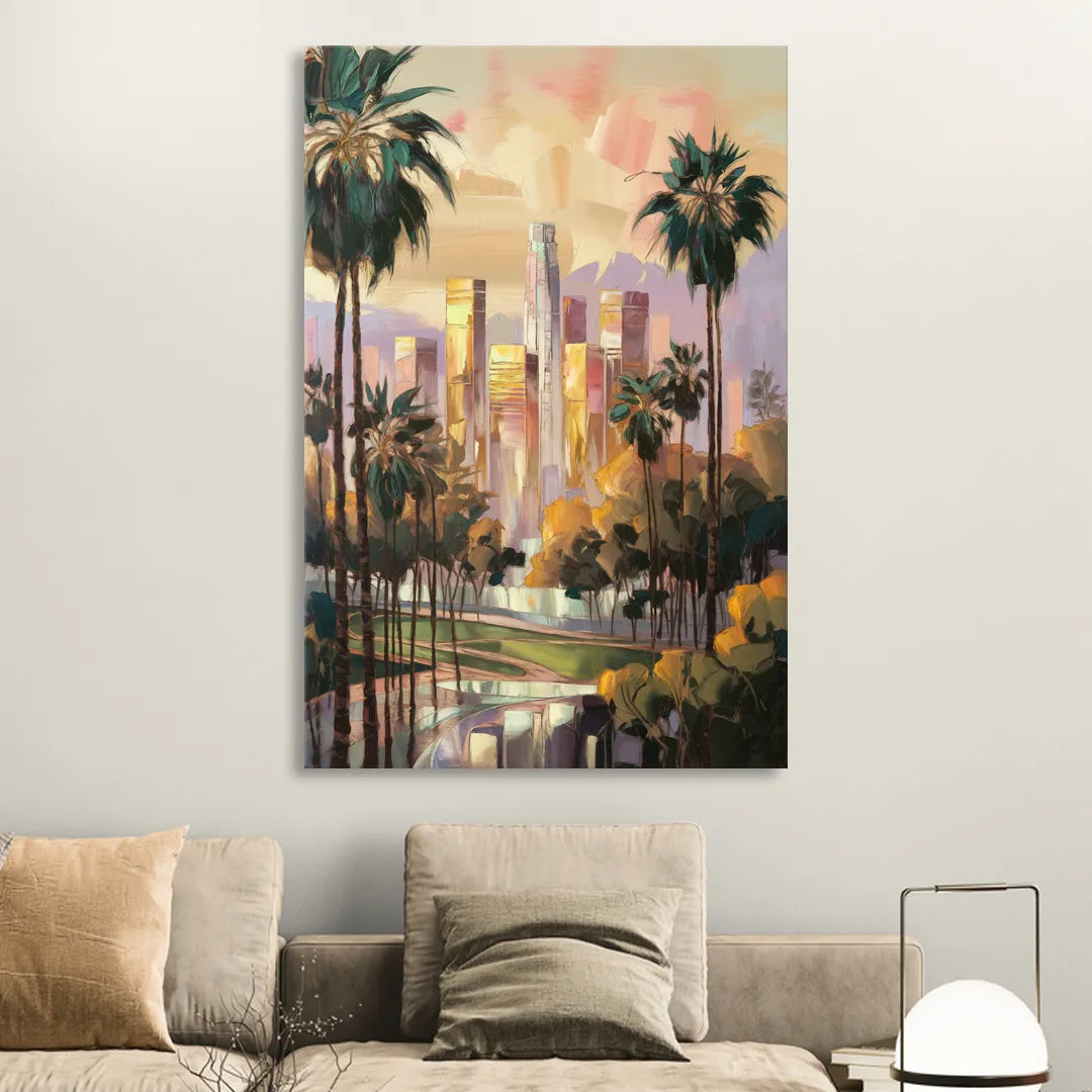 Los Angeles Palm Trees and Skyscrapers Living Room - Canvas Wall Art