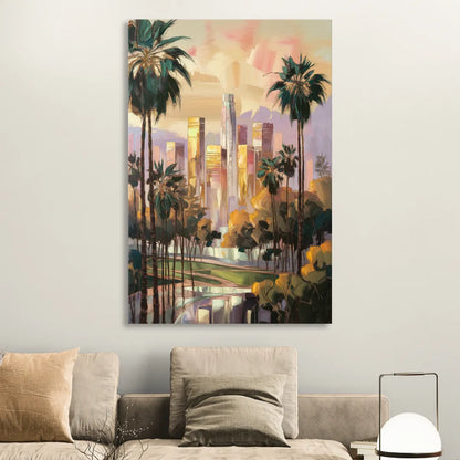 Los Angeles Palm Trees and Skyscrapers Living Room - Canvas Wall Art