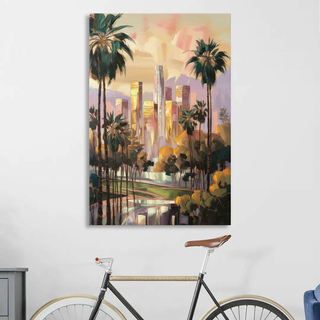 Los Angeles Palm Trees and Skyscrapers Sitting Room - Canvas Wall Art