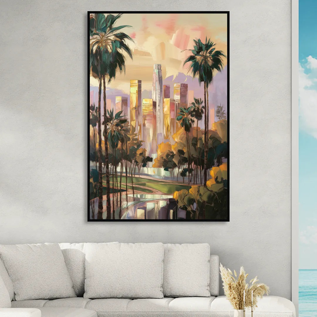 Los Angeles Palm Trees and Skyscrapers Sitting Room - Black Canvas Wall Art