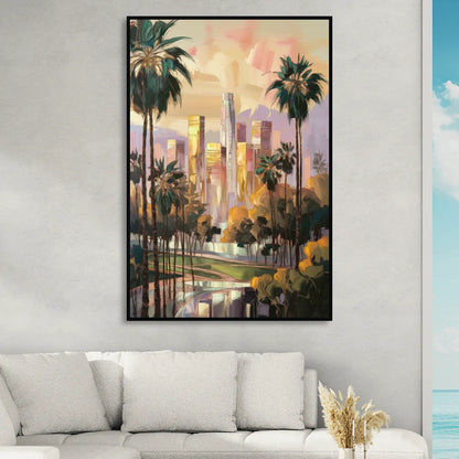 Los Angeles Palm Trees and Skyscrapers Sitting Room - Black Canvas Wall Art