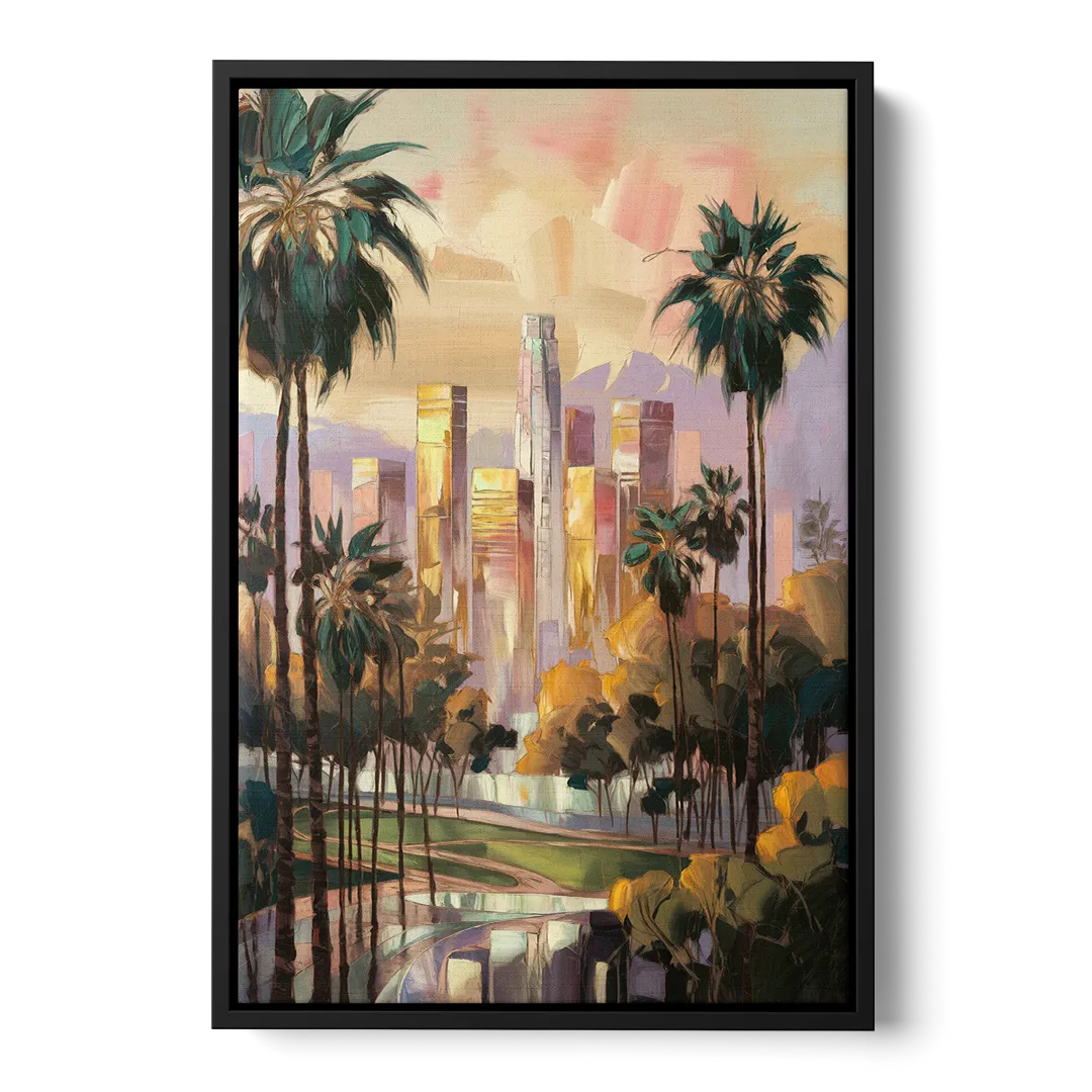 Los Angeles Palm Trees and Skyscrapers Front - Black Canvas Wall Art