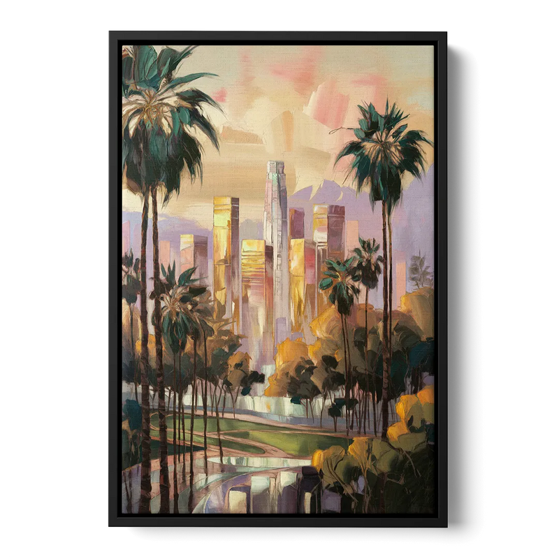 Los Angeles Palm Trees and Skyscrapers Front - Black Canvas Wall Art