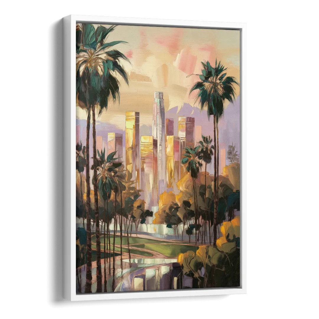 Los Angeles Palm Trees and Skyscrapers Side - White Canvas Wall Art