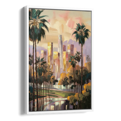 Los Angeles Palm Trees and Skyscrapers Side - White Canvas Wall Art