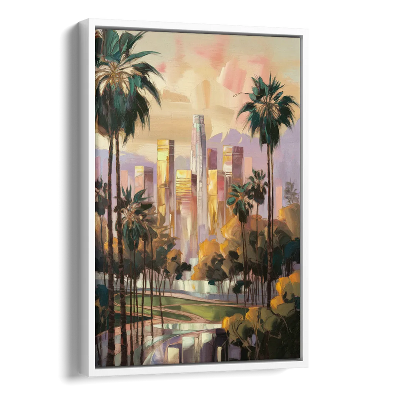 Los Angeles Palm Trees and Skyscrapers Side - White Canvas Wall Art