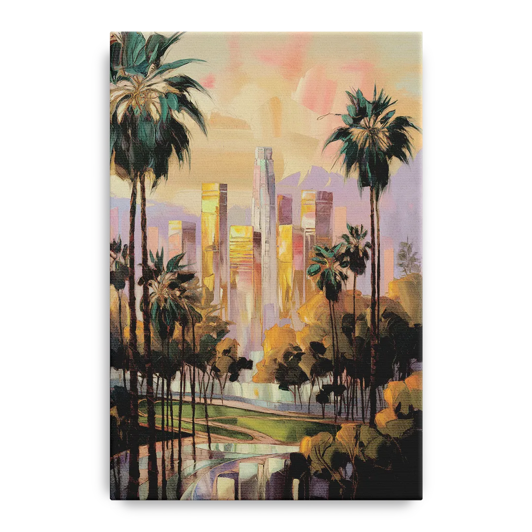 Los Angeles Palm Trees and Skyscrapers Front - Canvas Wall Art