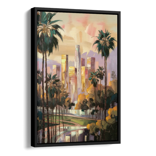Los Angeles Palm Trees and Skyscrapers Side - Black Canvas Wall Art