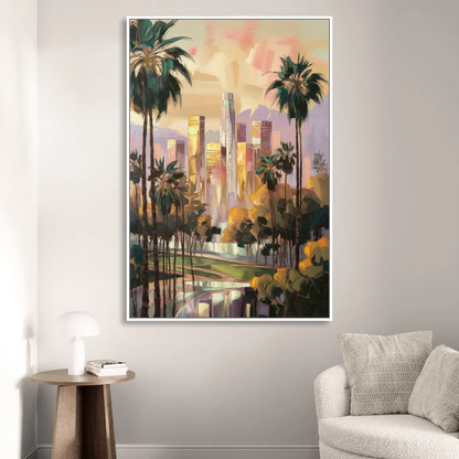 Los Angeles Palm Trees and Skyscrapers Living Room - White Canvas Wall Art