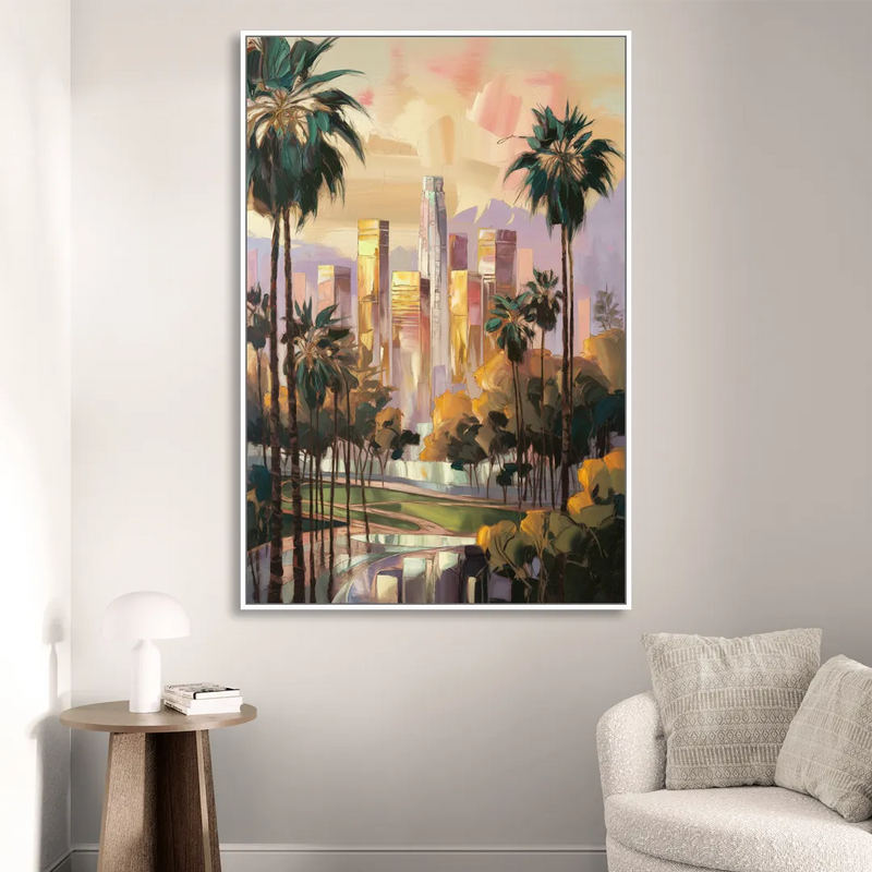 Los Angeles Palm Trees and Skyscrapers Living Room - White Canvas Wall Art
