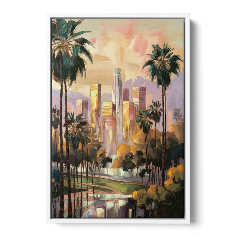 Los Angeles Palm Trees and Skyscrapers Front - White Canvas Wall Art