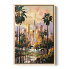 Los Angeles Palm Trees and Skyscrapers - Oak Framed Canvas Wall Art - Front