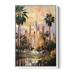 Los Angeles Palm Trees and Skyscrapers - White Framed Canvas Wall Art - Front