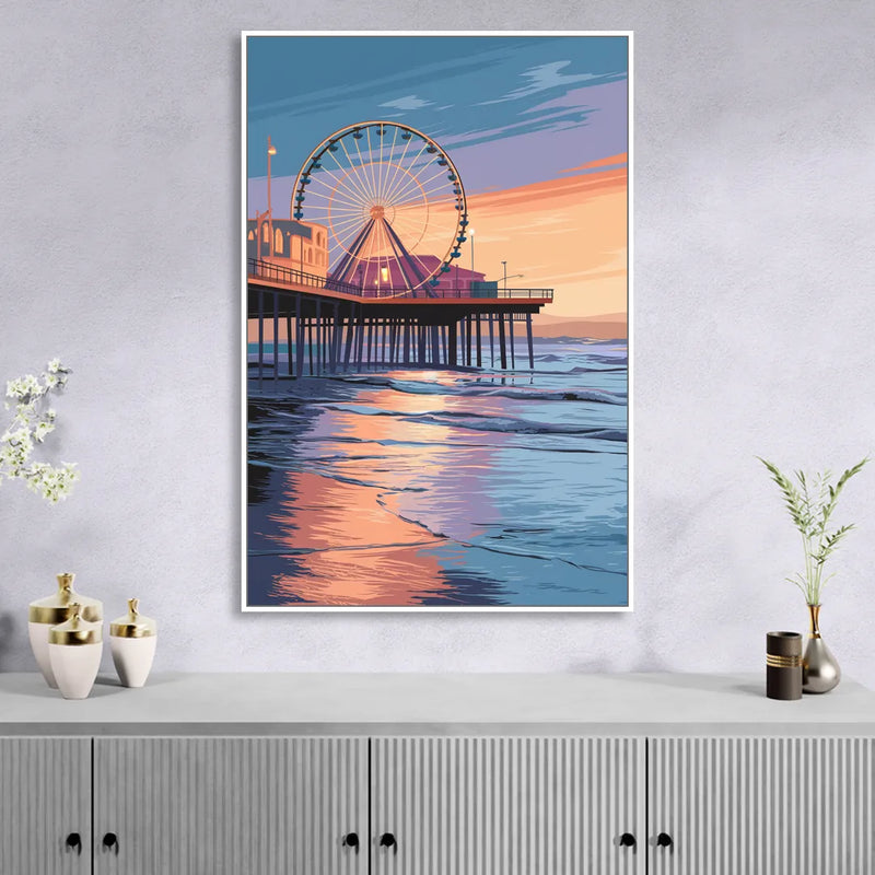 Los Angeles Santa Monica Pier Sitting Room - White Canvas Wall Art