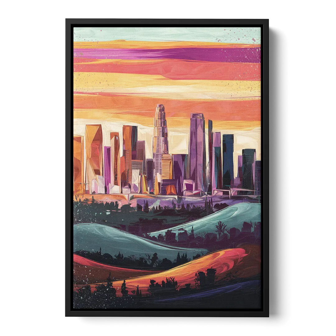 Los Angeles Skyline at Sunset Front - Black Canvas Wall Art
