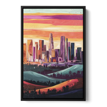 Los Angeles Skyline at Sunset Front - Black Canvas Wall Art