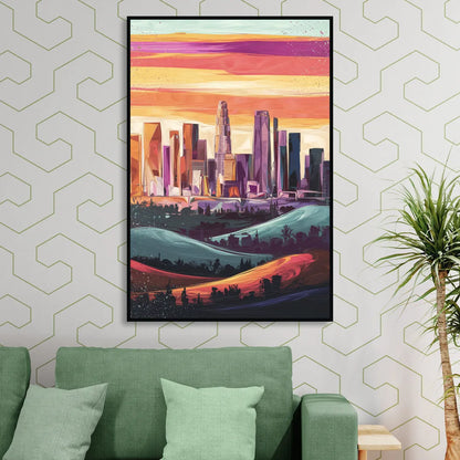 Los Angeles Skyline at Sunset Sitting Room - Black Canvas Wall Art