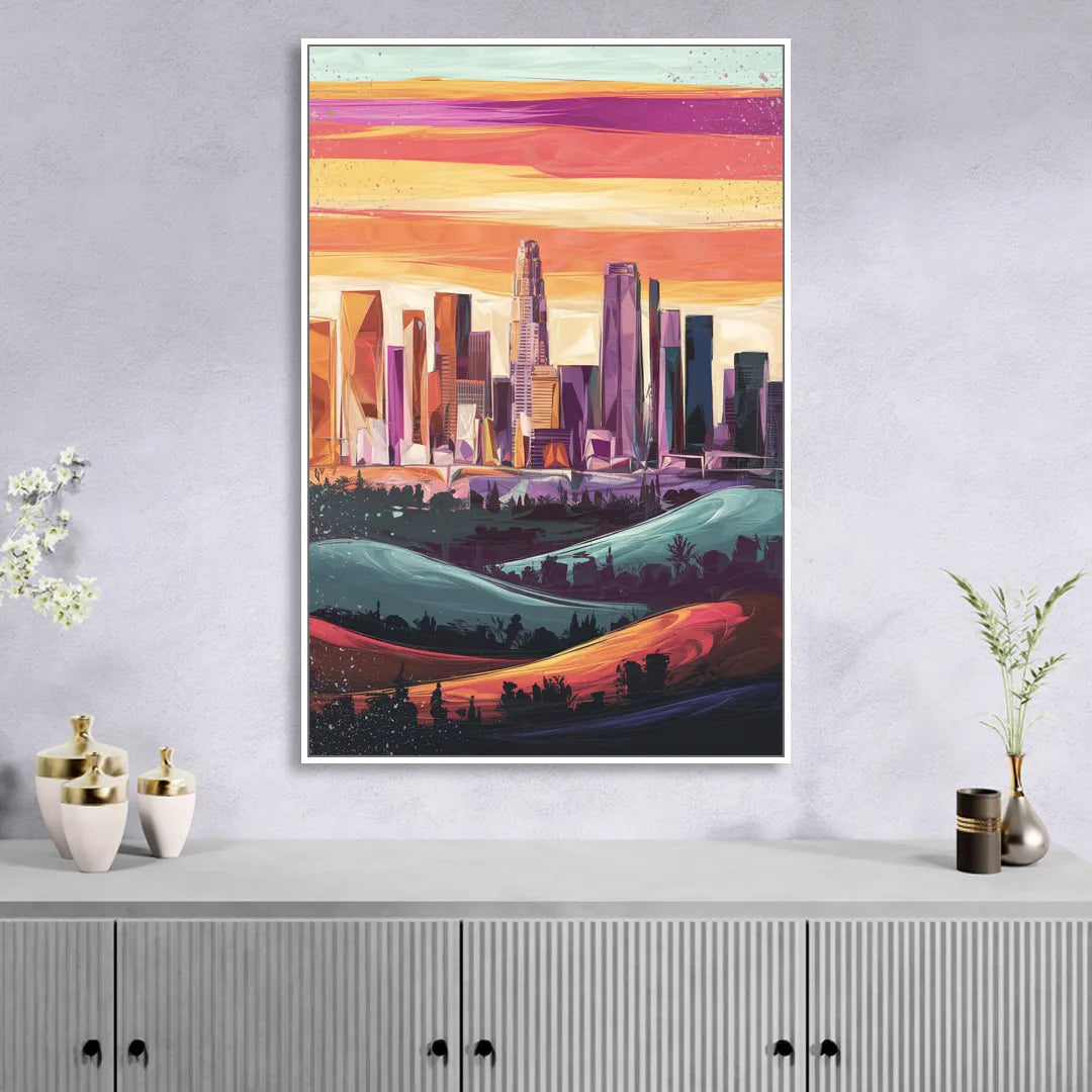 Los Angeles Skyline at Sunset Living Room - White Canvas Wall Art