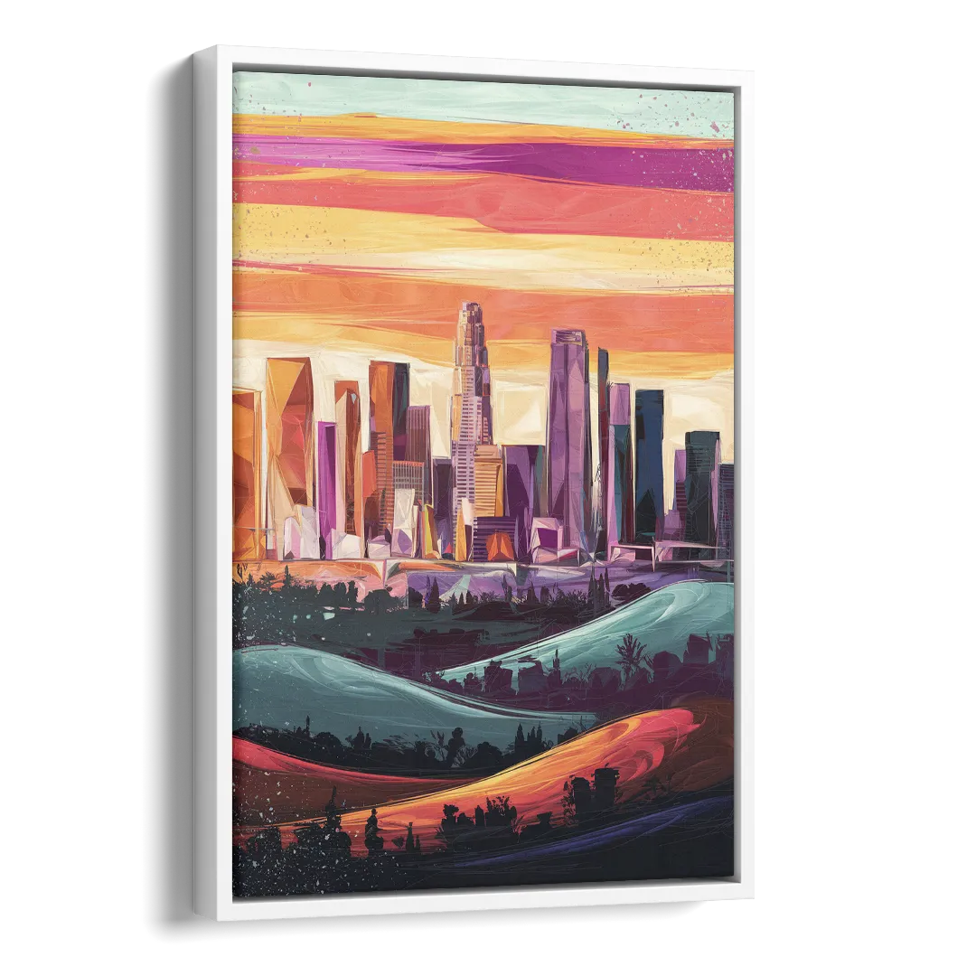 Los Angeles Skyline at Sunset Side - White Canvas Wall Art